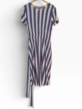 levaca Womens Medium Blue White Striped Short Sleeve Faux Wrap Tie Waist Dress